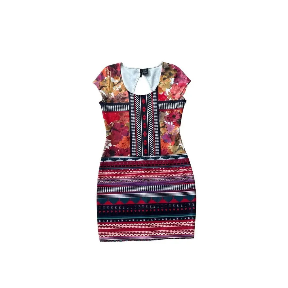 Tribal Aztec Floral Print Bodycon Cap Sleeve Mini Dress Size S/M Red Multicolor - Picture 1 of 3